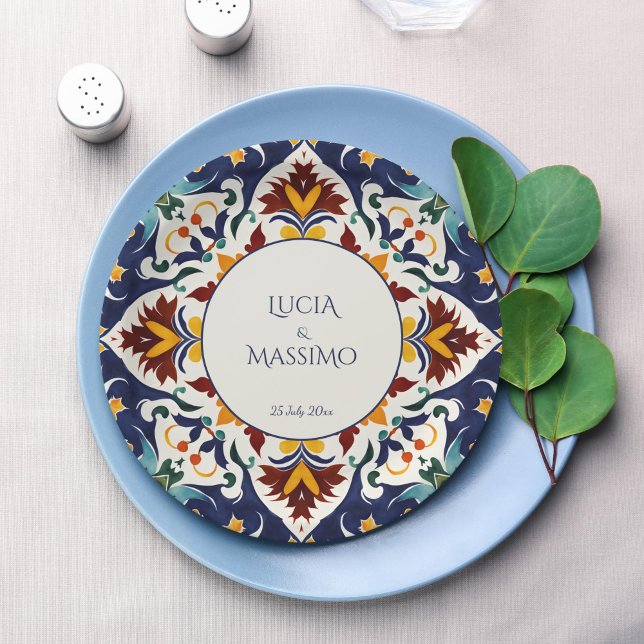 Azulejo blue Mediterranean wedding printed Paper Plate (Azulejo blue Mediterranean Morocco wedding monogram printed Paper Plates personalized table decor)