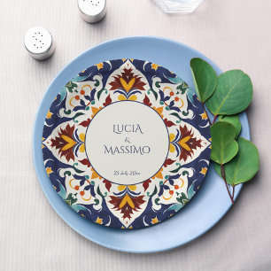 Azulejo blue Mediterranean wedding printed Paper Plate