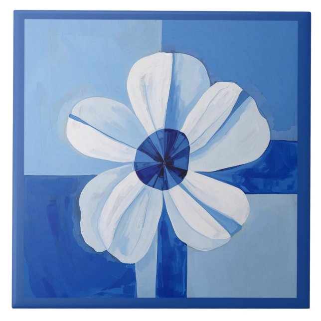 Azulejo Blue Minimalist Flower Floral Ceramic Tile (Front)