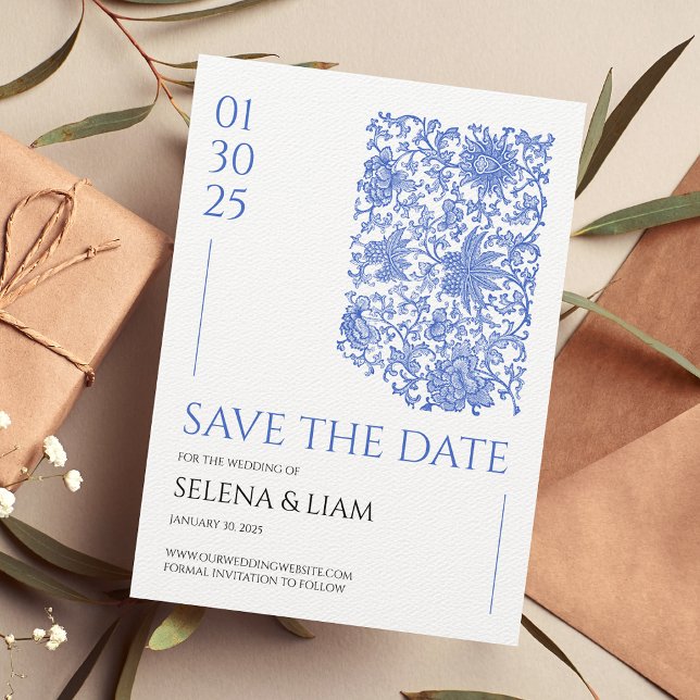 Azulejo Blue Porcelain Floral Save The Date Invitation (Creator Uploaded)