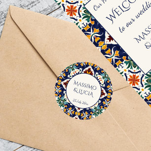 Azulejo blue Portuguese Mediterranean wedding Classic Round Sticker