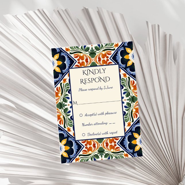 Azulejo blue Talavera vintage Mexican wedding RSVP Card (Azulejo blue Talavera Mediterranean tiles vintage Mexican wedding invitations RSVP Card )