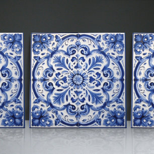 Azulejo Cerulean Portuguese Ornamental Mosaic Ceramic Tile
