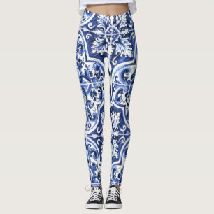 Azulejo Dolce Tile Pattern Leggings Blue Ceramic