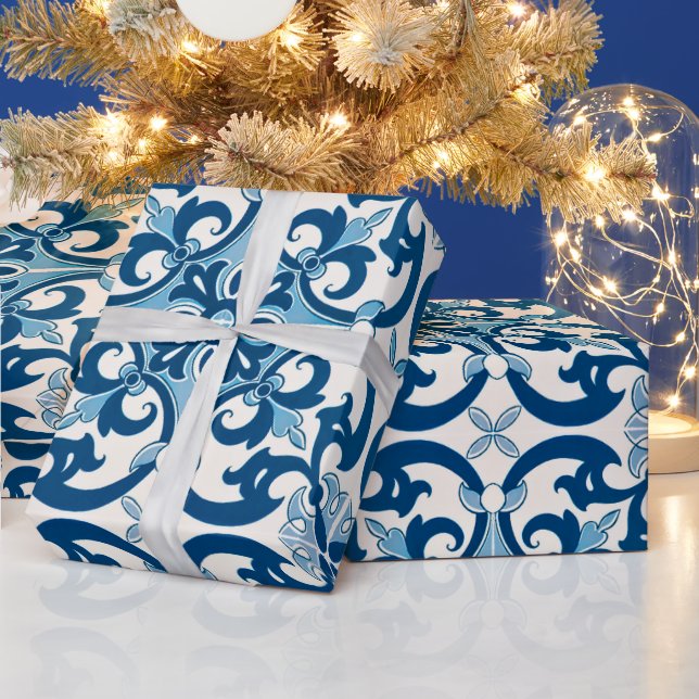 Azulejo Fleur De Lis Style Pattern Wrapping Paper (Holidays)