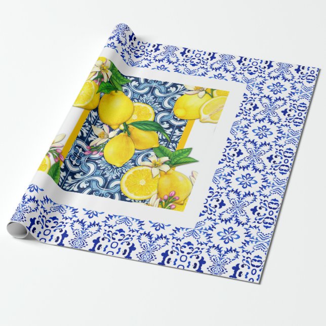 Azulejo grecian lemon Portuguese tiles Wrapping Paper (Unrolled)