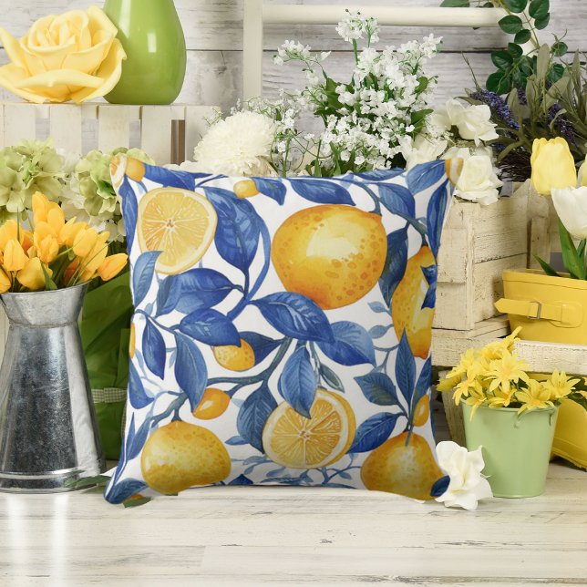 Azulejo Lemons Blue Leaves #1 Cushion (Creator Uploaded)