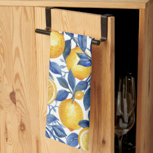 Azulejo Lemons Blue Leaves #1 Tea Towel