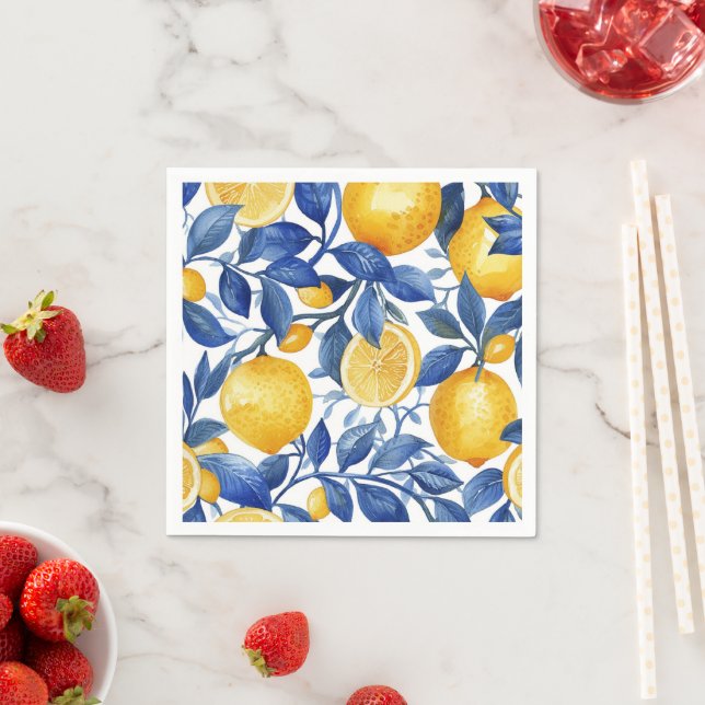 Azulejo Lemons Blue Leaves Pattern Napkin (Insitu)