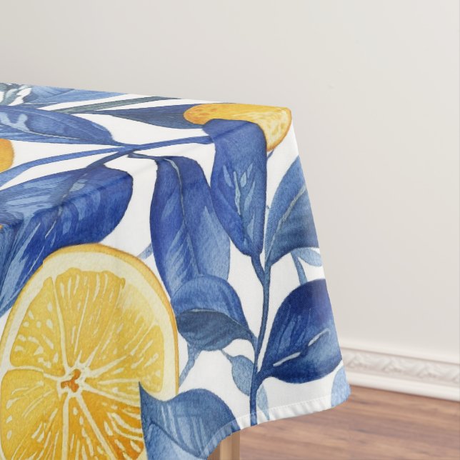 Azulejo Lemons Blue Leaves Tablecloth (In Situ)