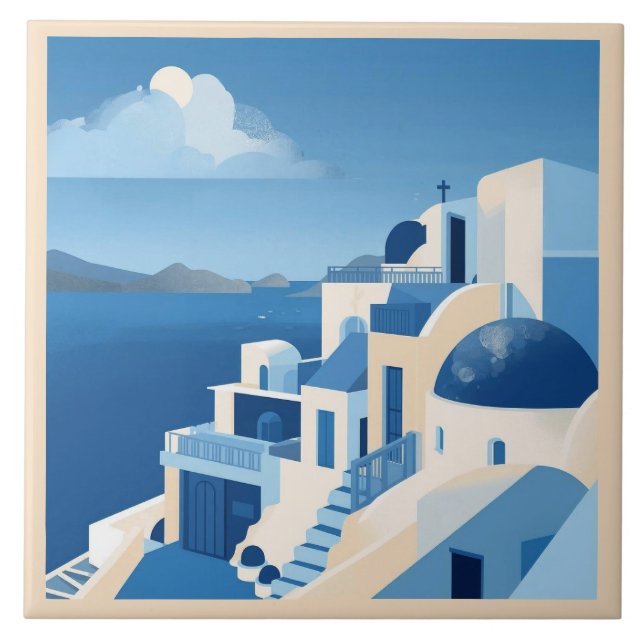 Azulejo Mediterranean town Blue Ceramic Tile (Front)