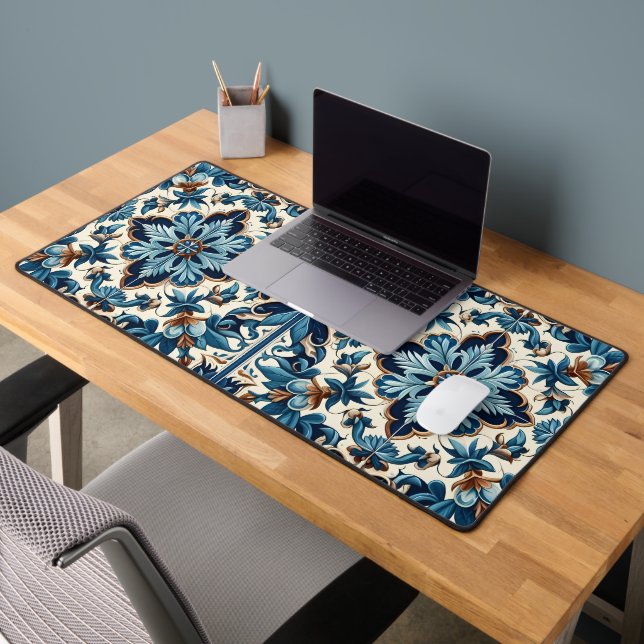 Azulejo Porcelain Blue Tile Mediterranean Pattern Desk Mat (Office 2)