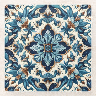 Azulejo Porcelain Blue Tile Mediterranean Pattern Glass Coaster