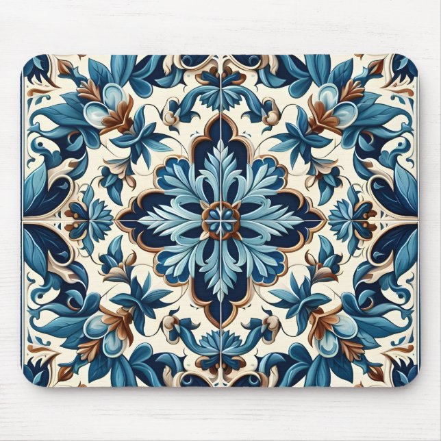 Azulejo Porcelain Blue Tile Mediterranean Pattern Mouse Pad (Front)