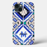 Azulejo Spanish Pattern Tiles Navy White Monogram 