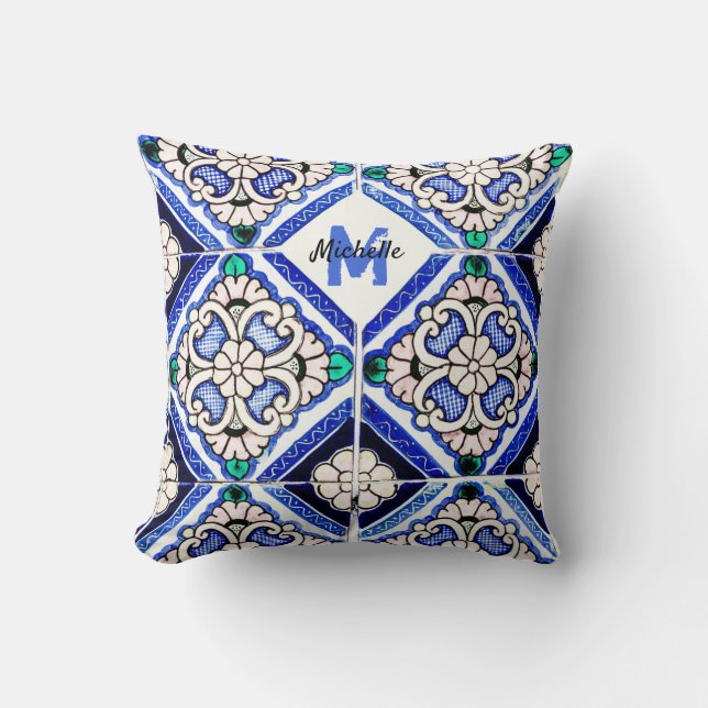 Azulejo Spanish Pattern Tiles Navy White Monogram Cushion (Front)