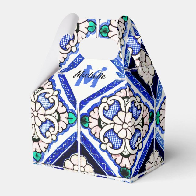 Azulejo Spanish Pattern Tiles Navy White Monogram Favour Box (Front Side)