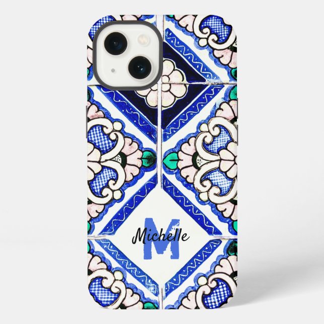 Azulejo Spanish Pattern Tiles Navy White Monogram  iPhone Case (Back)
