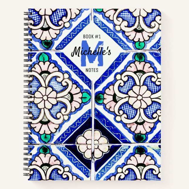 Azulejo Spanish Pattern Tiles Navy White Monogram Notebook (Front)
