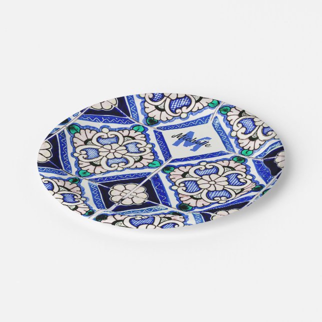 Azulejo Spanish Pattern Tiles Navy White Monogram Paper Plate (Angled)