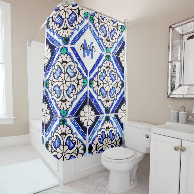 Azulejo Spanish Pattern Tiles Navy White Monogram Shower Curtain (In Situ)