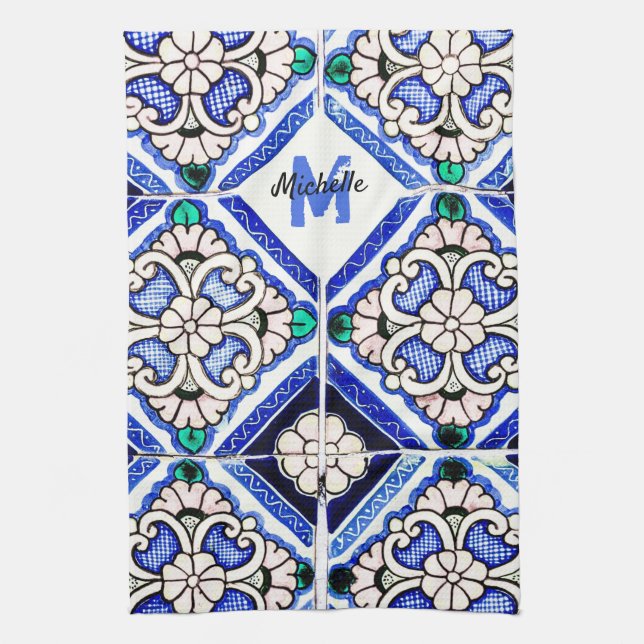 Azulejo Spanish Pattern Tiles Navy White Monogram Tea Towel (Vertical)