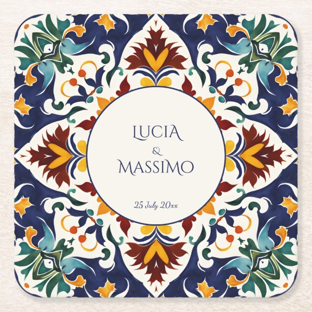 Azulejo Talavera blue Mediterranean wedding favour Square Paper Coaster (Front)