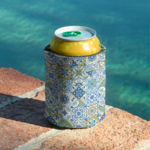 Azulejo tiles in blue and yellow can cooler