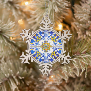 Azulejo Traditional Portuguese Tile Snowflake Pewter Christmas Ornament