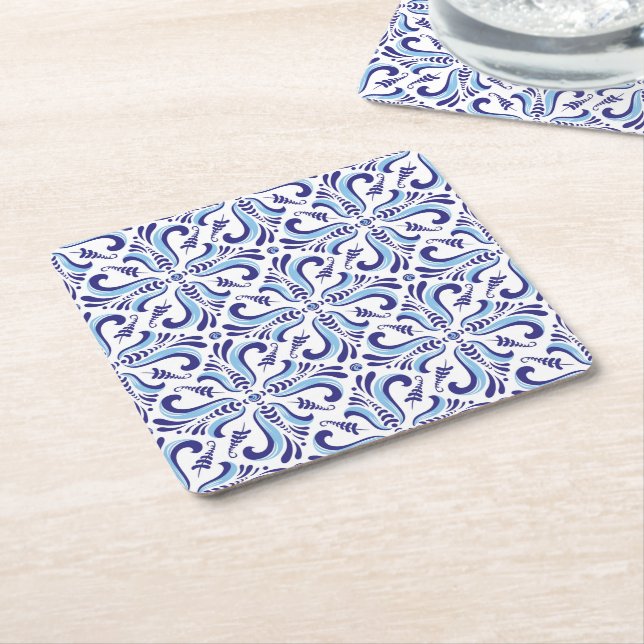 Azulejos Blue Floral Pattern Square Paper Coaster (Angled)