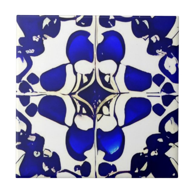 Azulejos blue white indigo geometric art ceramic tile (Front)