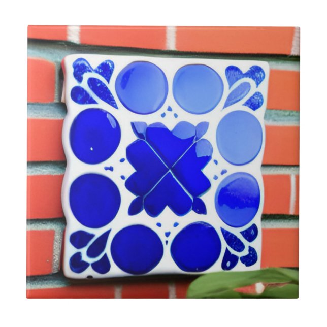 Azulejos blue white indigo geometric wall art ceramic tile (Front)