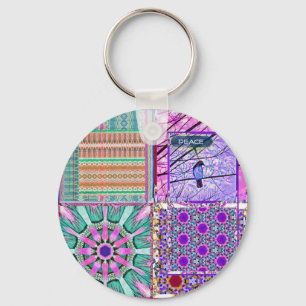 Azulejos Geometric Tiles with Bird of Peace Key Ring