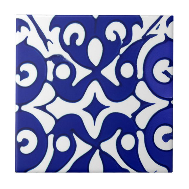 Azulejos indigo geometric art ceramic tile (Front)