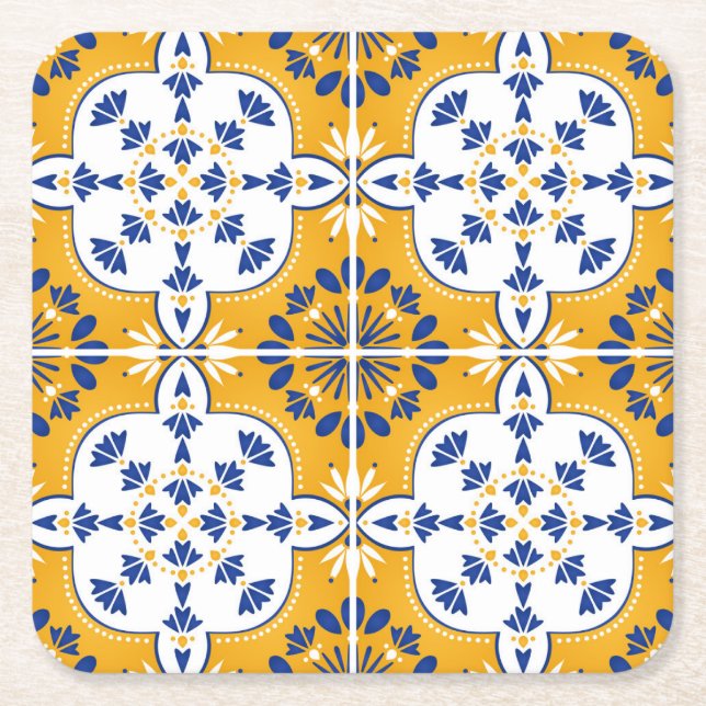 Azulejos Portuguese Tile White Mustard Yellow Blue Square Paper Coaster (Front)