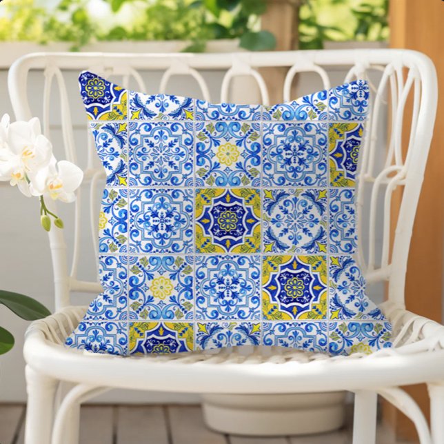 Azulejos Tile Pattern Blue White Yellow Cushion (Creator Uploaded)