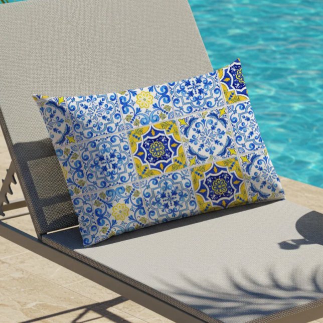 Azulejos Tile Pattern Blue White Yellow Lumbar Cushion (Creator Uploaded)