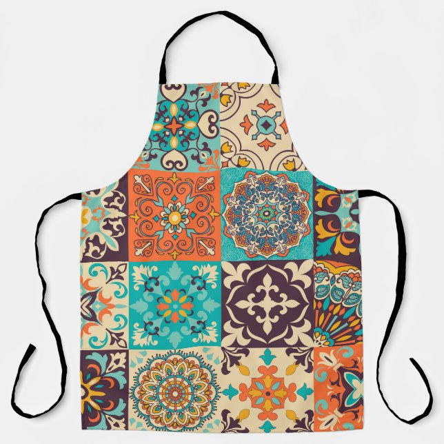 Azulejos Tiles Portuguese Boho Patchwork Apron (Front)