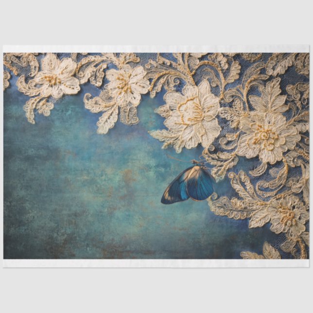 Azure Allure, Butterfly Patina & Embroidered Lace Tissue Paper (Front)