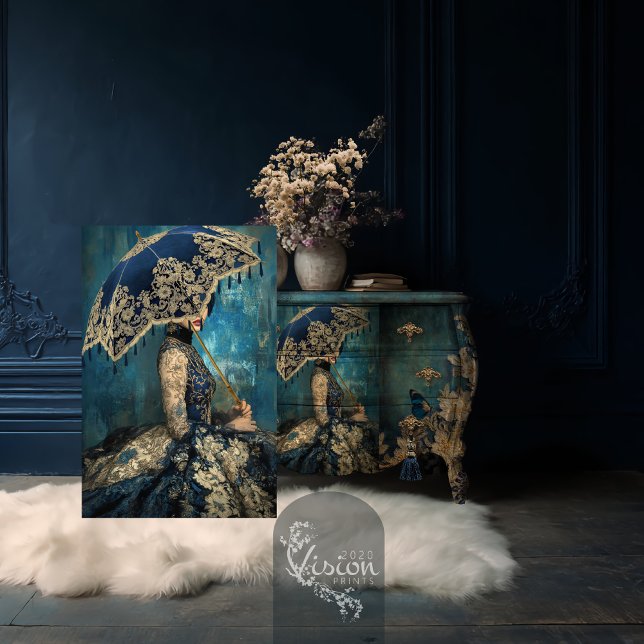 Azure Allure French Portrait & Parasol Royal Blue Tissue Paper (Azure Allure, French Lady, Romantic Rococo Portrait Parasol Moody Blue Decoupage Tissue Paper)