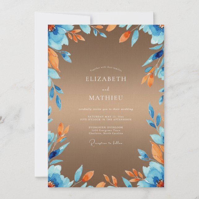 Azure Amber Foliage Eucalyptus Wedding Invitation (Front)