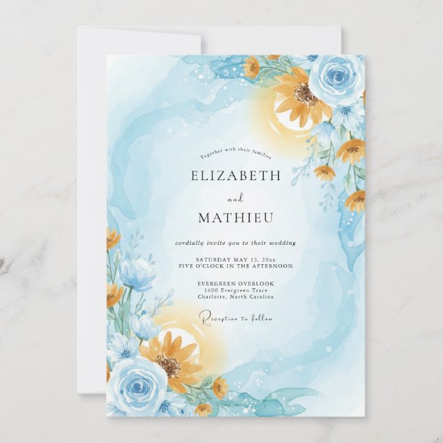 Azure Amber Sunflower Eucalyptus Wedding Invitation (Front)
