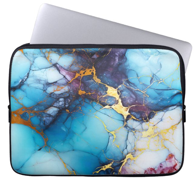 Azure & Amethyst Marble with Golden Veins Laptop Sleeve (Front)