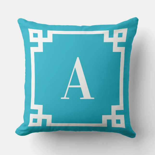 Azure and White Greek Key Border Monogram Cushion (Front)
