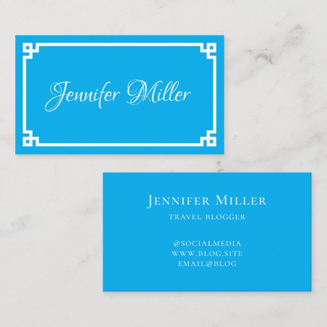Azure and White Greek Key Minimalist Business Card (Front/Back)