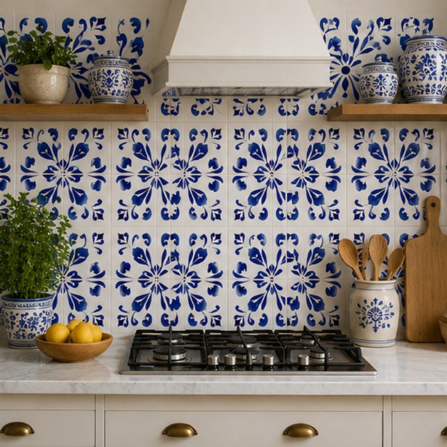 Azure Arabesque Floral Geometry Elegant Coastal Ceramic Tile (Creator Uploaded)