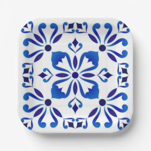 Azure Arabesque Floral Geometry Elegant Coastal Paper Plate