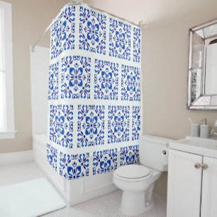Azure Arabesque Floral Geometry Elegant Coastal Shower Curtain