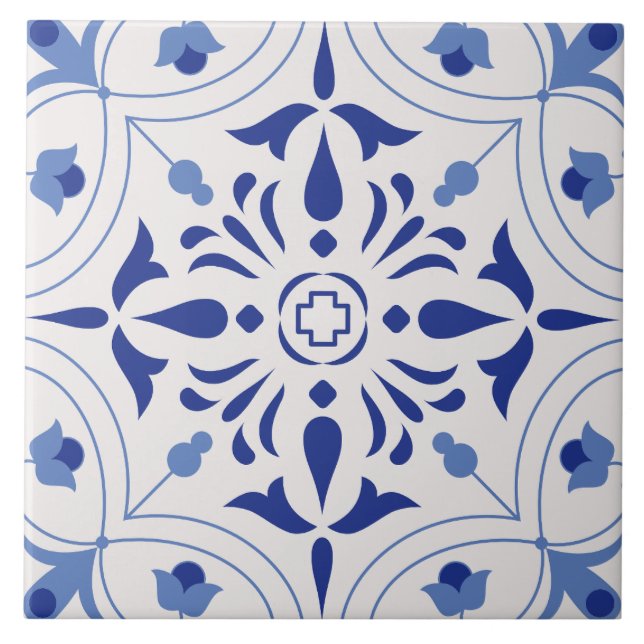 Azure Bloom Cross Ceramic Tile (Front)
