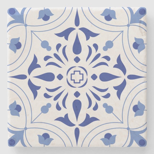 Azure Bloom Cross Stone Coaster (Front)